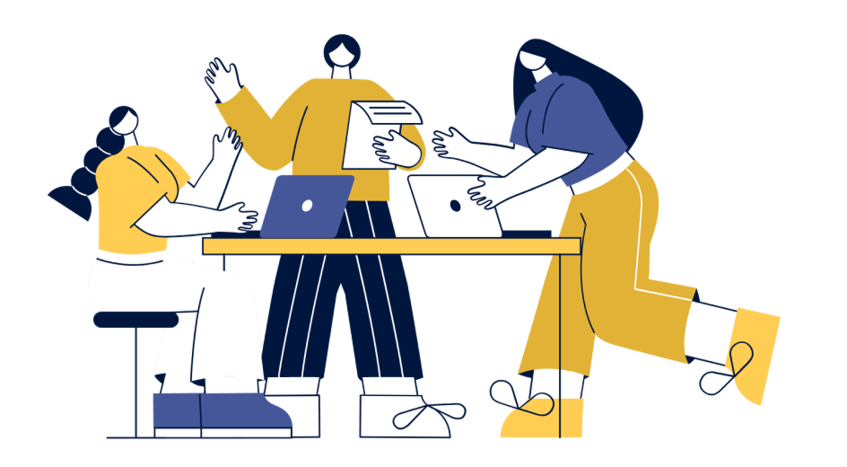 Drei Personen arbeiten zusammen an einem Tisch mit Laptops und Dokumenten, in einem modernen, stilisierten Design.