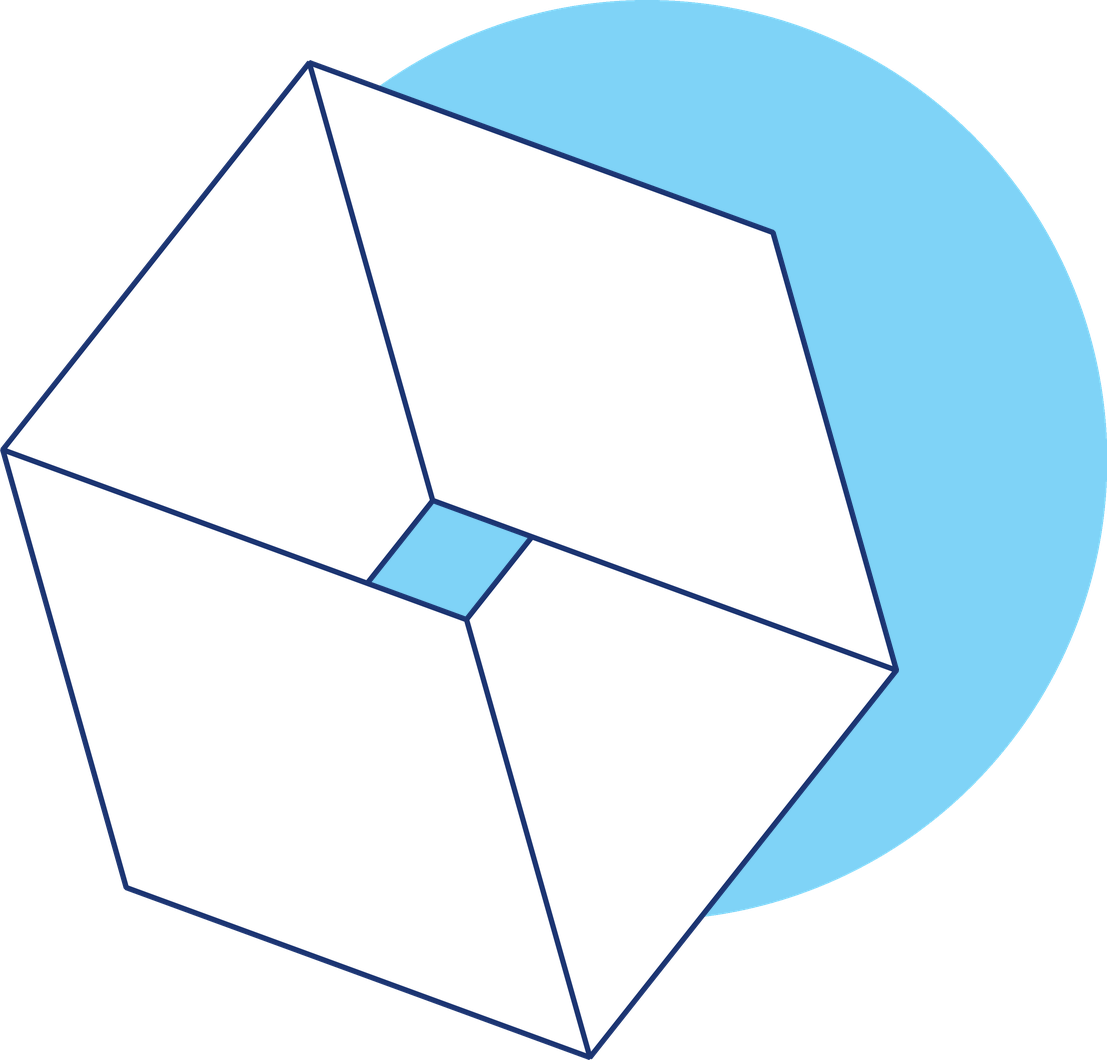 Une forme hexagonale blanche aux contours fins se détache sur un cercle bleu clair ; au centre, le cercle transparaît