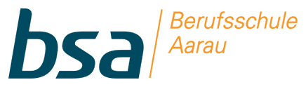 Logo della scuola professionale di Aarau, abbreviata in bsa, con caratteri blu e arancioni.