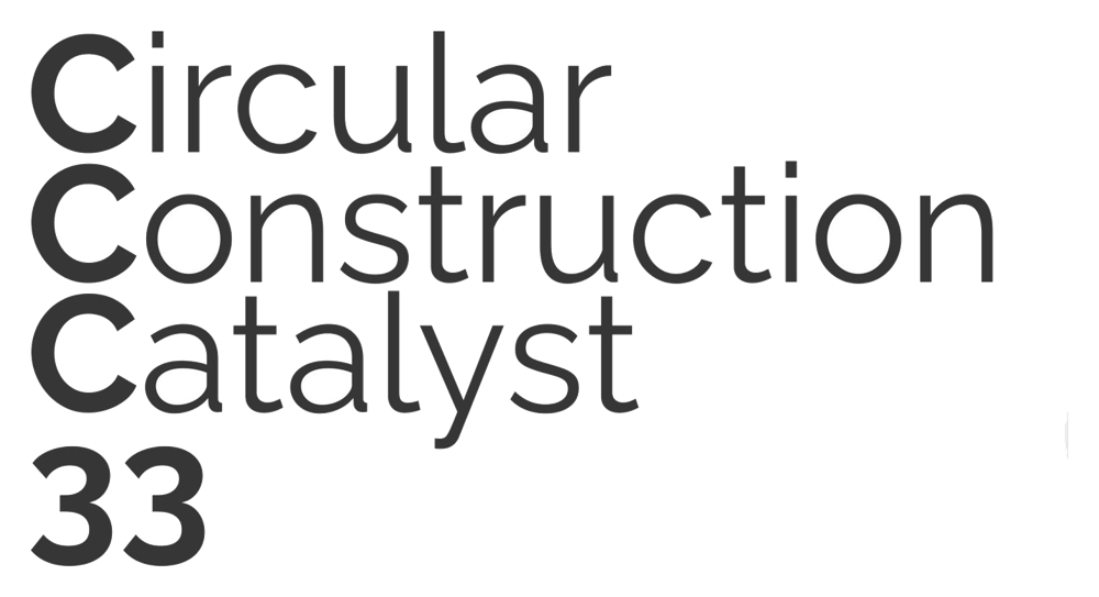 Una nuvola di parole con termini quali «Circular», «Construction», «Catalyst» e «33», in caratteri neri su sfondo bianco.