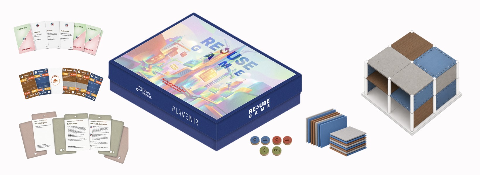 Inhalt des Re-Use Game: Spielschachtel, Karten, Spielsteine, Bauteilplatten und 3D-Modell